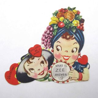 Vintage Valentine Card Cute Gypsy Girl Fortune Teller Crystal Ball Fruit Hat Boy