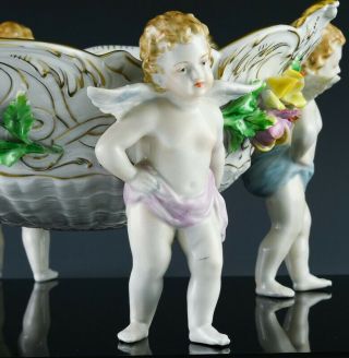 Large Antique Dresden Winged Cherubs Flower Encrusted Porcelain Centerpiece Bowl