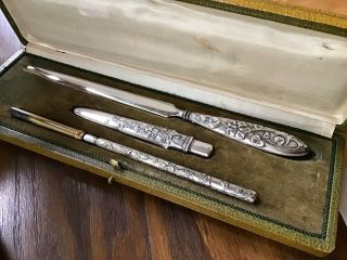 Boxed Set Of 3 Floral Victorian Silver Plate Pencil Case Pen Letter Opener Desk