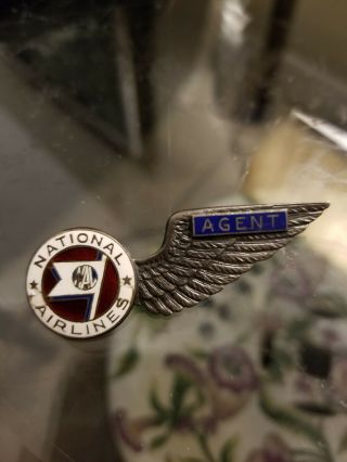 Vintage National Airline Agent Lgb Sterling & Enamel Wing Pin Large.  Hard Find