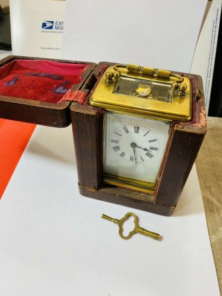 Antique French Brass Carriage Clock W/ Key & Case French Travel Clock