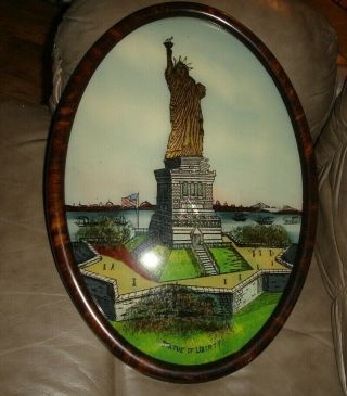 Old Wwi Antique Oval Frame Patriotic Statue Of Liberty Reverse Painting Art Flag