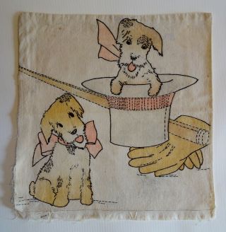 Vintage embroidered pillow cover WIRE FOX TERRIER PUPS with top hat cane gloves 3