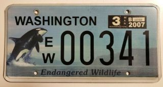 Washington Endangered Wildlife License Plate - - Orca Whale - - Ew 00341 - - Wa
