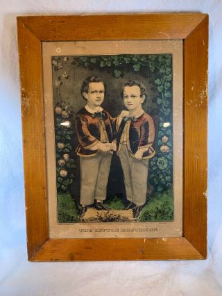 Antique Currier & Ives Hand Colored Lithograph “the Little Brothers” Framed E490