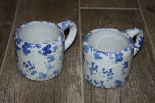 2 Vintage Bybee Pottery Blue & White Spongeware Bb Mug