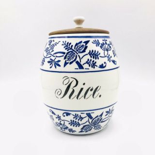 Vintage Germany G.  M.  T.  & Bro Blue Onion Canister Rice Wood Lid China Porcelain