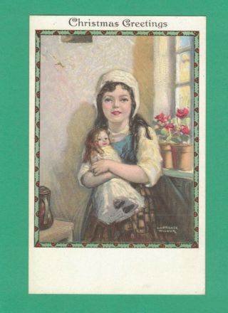 Vintage Lawrence Wilbur Christmas Postcard Girl With Doll Flowers