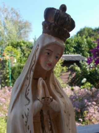 Antique Mary Statue Our Lady Of Fatima With Gold Crown Plaster Signed