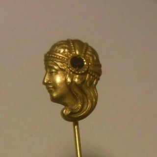 Antique Art Nouveau Woman Mucha Gold Filled Fixed Stick Pin Stone In Hair
