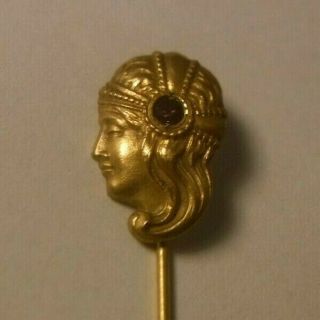 Antique Art Nouveau WOMAN Mucha Gold Filled Fixed Stick Pin Stone in Hair 2