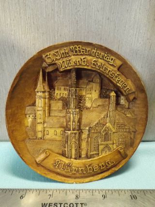 Vintage German 3 - D Pressed Wood Wall Plaque Wood Plate Nurnberg Townscape Euc