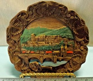 Vintage German 3 - D Pressed Wood Wall Plaque Wood Plate Heidelberg Townscape Euc
