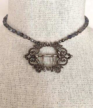 Antique Edwardian French Cut Steel Buckle & Iolite Gemstone Pendant Necklace