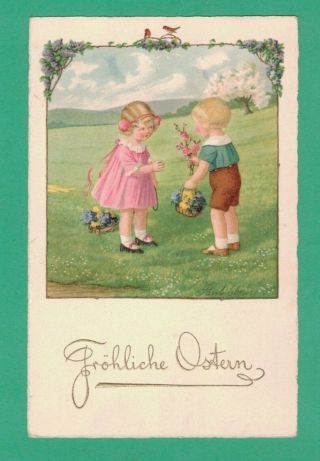 Vintage Pauli Ebner Easter Postcard Girl Boy Spring Flowers Flowering Tree Birds