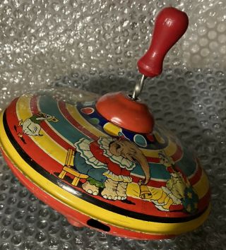 Vintage 1950s/60s J Chein Tin Litho Top Circus Spinning Toy 6.  5 " Red Wood Handle