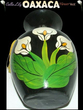Vintage Mexican Folk Art Oaxaca Clay Pottery Flower Vase Hand - Painted Calla Lily