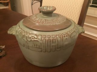 Vintage Frankoma Pottery 7w Prairie Green Aztec Bean Pot W/lid & Handles
