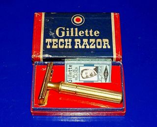 Vintage Gillette Gold Plated Tech Razor In Orig.  Box W/unopened Blue Blades