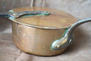 Antique Hammered Copper Cooking Pan Ladle&lid,  W/ Shelf Hung Wrought Iron Handles