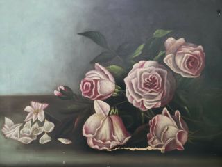 Gorgeous Antique Early 1900’s Oil Painting Of Roses On Canvas ♡♡♡