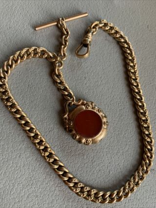 Antique Gold Fill H & H Pocket Watch Chain & Carnelian Rhinestone Gold Fill Fob