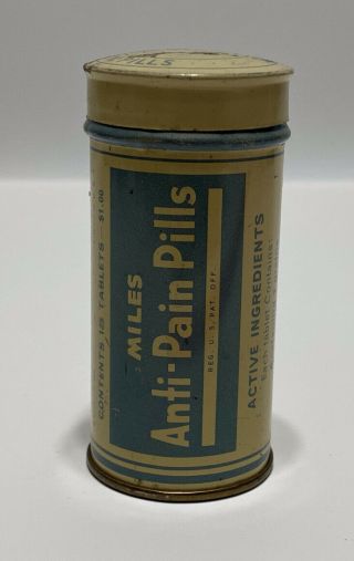 Vintage Miles Anti - Pain Pills Round Medicine Tin Elkhart Indiana