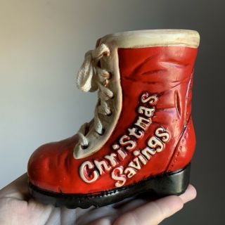 Vintage Ceramic Chalkware Christmas Savings Santa’s Boot Bank Mcm Kitschy Kitsch