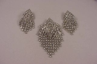 Vintage Celebrity Rhinestone Brooch Clip Earrings Set Estate Signed