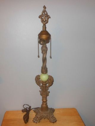 Antique Cast Metal Art Deco Jadeite Slag Glass Table Lamp W/ Cherubs