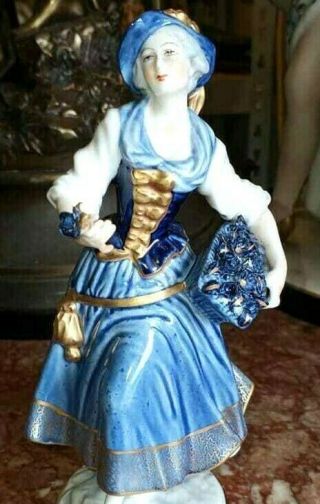 Antique German Volkstedt Porcelain Figurine,  The Flower Lady Seller.