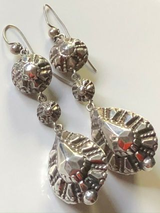 Antique Victorian Sterling Silver Repousse Large Drop Dangly Earrings 14.  92g