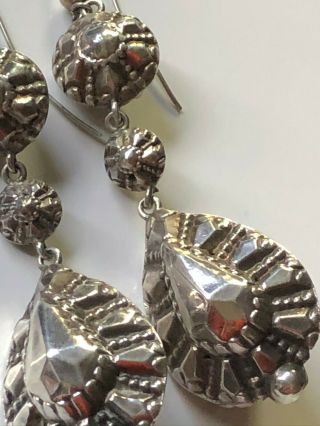 Antique Victorian sterling silver repousse large drop dangly earrings 14.  92g 2