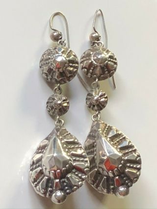 Antique Victorian sterling silver repousse large drop dangly earrings 14.  92g 3