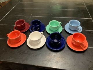 Set Of 4 Vintage Fiesta Ware Green,  Cobalt,  Blue,  Yellow Ring Handle Tea Cups