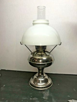 Antique Bradley And Hubbard B&h Oil Lamp (nickel Chrome With Aladdin Opal Shade
