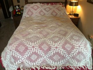 Vtg Handmade Crochet Bedspread Coverlet Ivory/off White 78 X 96 Needs Repairs A
