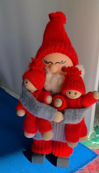 Vintage Ljungstroms Swedish Wooden Tomte Gnome Man With Two Babies Toddlers