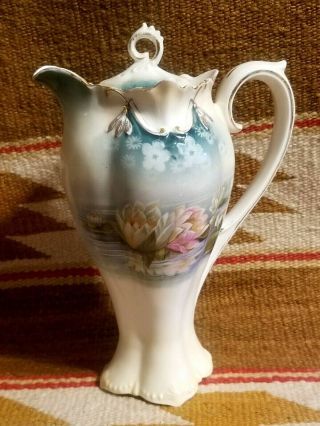Fancy Antique Rs Prussa Coffee Tea Chocolate Pot Waterlily & Floral Decor 9.  25 "
