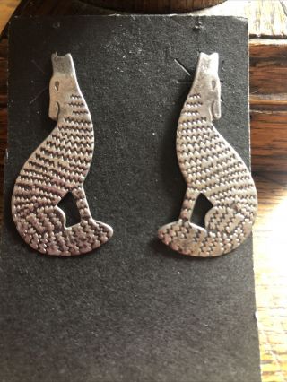 Vintage Navajo Sterling Silver Hand Stamped Howling Coyote Earrings