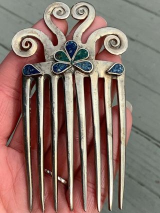 Antique Native American Silver Hair Comb Ornament With Turquoise Inlay