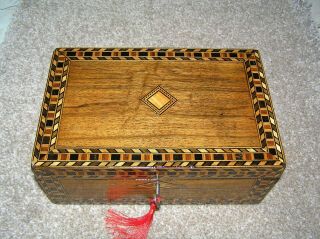 Antique Victorian Walnut Jewellery/trinket Box With Tunbridge Bands,  Lock/key.