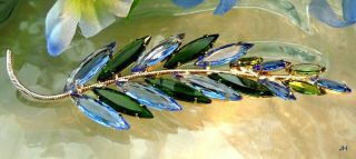 Massive Vtg 4 5/8 " Shades Of Blue & Green Glass Navette Rhinestone Pin Brooch