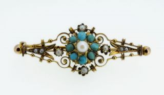 Antique Victorian/edwardian 15ct Gold Seed Pearl & Turquoise Bar Brooch