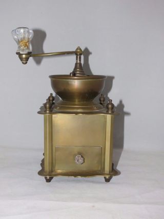 Antique Coffee Grinder Solid Brass Table Box Hand Crank Mill W/ Drawer - Heavy