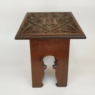 Antique Arts And Crafts Liberty Style Carved Oak Stool 35.  5cm High X 24.  5cm