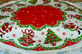 Vintage Christmas Tablecloth Santa Bells Holly