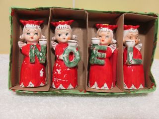 Vintage Japan Poinsettia Noel Angels Candle Holders W/box Commodore