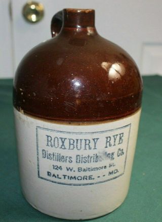 Antique Roxbury Rye 1/2 Gallon Whiskey Jug Baltimore,  Maryland