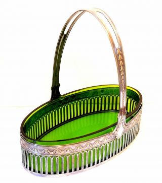 Wmf Art Nouveau Silver Plate Basket With Green Glass Liner